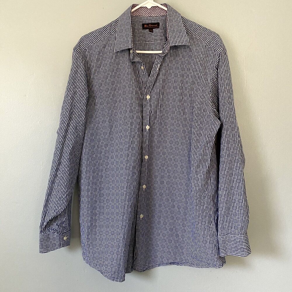Ben Sherman Shirt Mens Size 16.5 32/33 Blue Checked Button Down Business Preppy